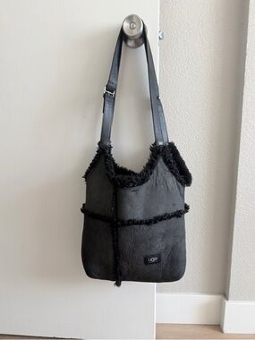 UGG Black Shearling-Trim Shoulder Tote